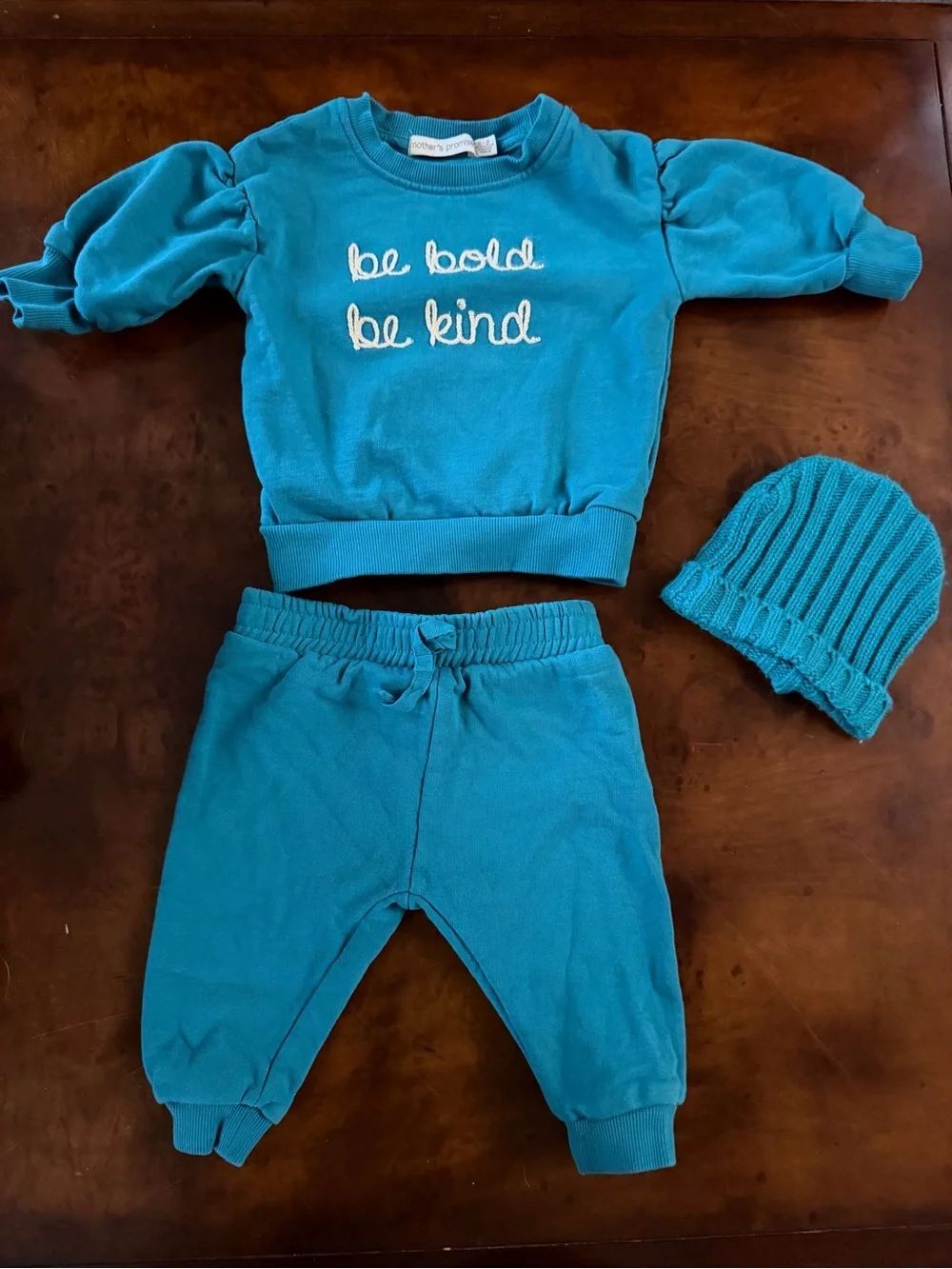 Mother's Promise Be Bold Be Kind Baby Girl 6-9 Month Sweatsuit Outfit Set Teal